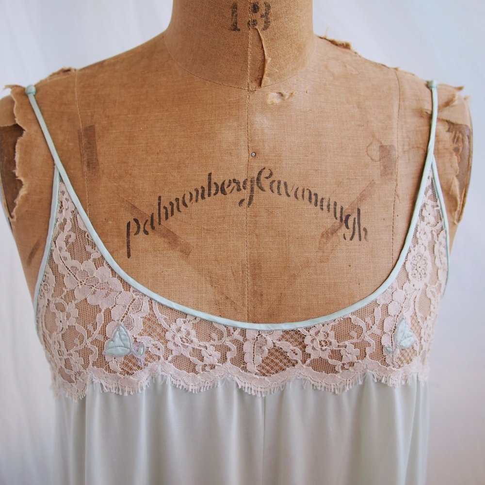 vtg 70s LUCIE ANN Claire Sandra Green Full Sweep Nightgown Beverly Hills LACE M - Picture 6 of 11